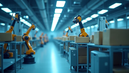 Obraz premium An autonomous robot vehicle moves efficiently through a bustling warehouse environment., Automated Guided Vehicles (AGVs) move through a warehouse aisle.,Technology, created with generative ai
