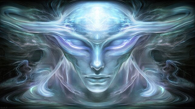 Surreal Ethereal Alien Face Glowing in Cosmic Space with Mystical Elements and Abstract Patterns