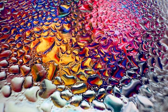 Close-up of water drops on metal surface in high resolution showing condensation of water droplets on metal surface. Intricate patterns and different sized water droplets create a beautiful abstract