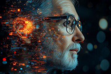 close up eye of a man with futuristic digital elements overlaying it. The scene has a cyberpunk aesthetic, featuring glowing blue and red data streams, symbolizing AI and technology.