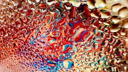 Close-up of water drops on metal surface in high resolution showing condensation of water droplets on metal surface. Intricate patterns and different sized water droplets create a beautiful abstract