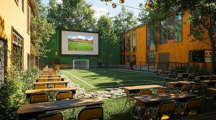 Courtyard soccer game screening; outdoor cafe