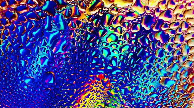Close-up of water drops on metal surface in high resolution showing condensation of water droplets on metal surface. Intricate patterns and different sized water droplets create a beautiful abstract
