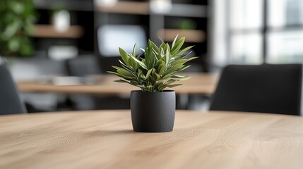 Small plant in black pot on light brown wooden table in modern office