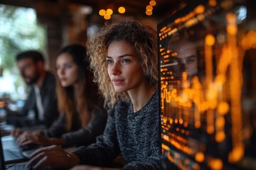 Team of professionals working collaboratively in a modern office setting during a creative brainstorming session