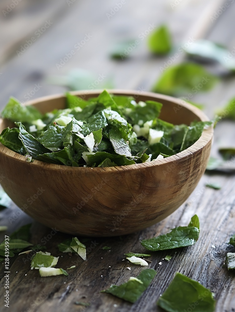 Poster freshly chopped leafy greens served in a rustic wooden bowl on a wooden table setting : generative a