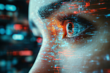 close-up of a human eye with futuristic digital elements overlaying it. cyberpunk aesthetic, featuring  face glowing blue and red data streams, symbolizing AI and technology.