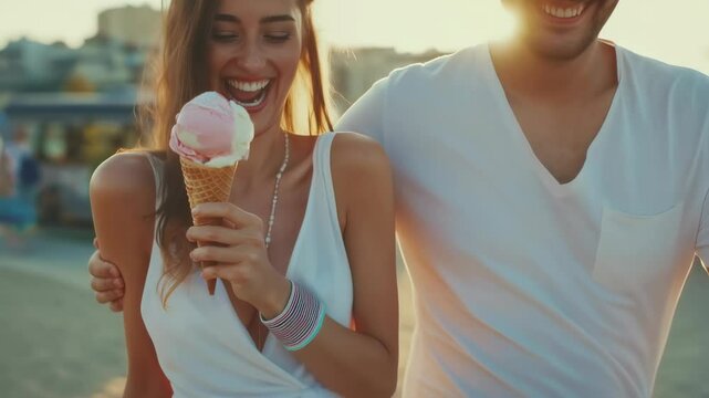 Happy Couple Enjoying Ice Cream Together