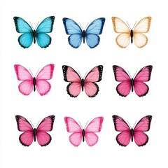 A grid composed of nine butterflies showcases their diverse colors and intricate patterns, highlighting the beauty of nature's delicate creatures. Each butterfly adds charm to the arrangement