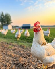 A group of white chickens roams in a vibrant green field during sunset. The peaceful rural landscape features farm structures in the background, enhancing the tranquil atmosphere
