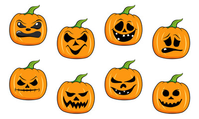 Set of Halloween Pumpkins with Different Expressions isolated in white background