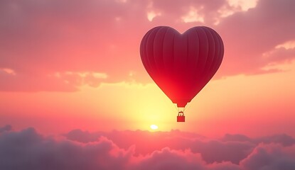 Fototapeta premium Heart-Shaped Hot Air Balloon in Pink and Orange Sunset Sky
