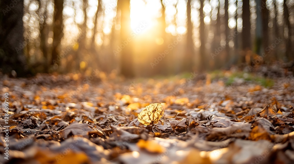 Poster golden autumn leaves blanketing the ground illuminated by soft sunlight in a serene forest : generat