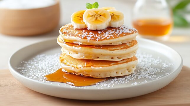 Delicious pancakes with sliced bananas and maple syrup for a perfect breakfast