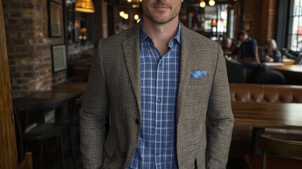 Fototapeta premium Professional Man in Business Casual Attire Featuring a Blazer and Checked Shirt