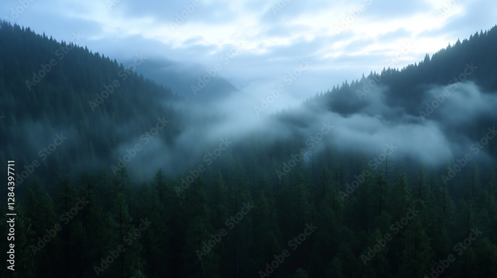 Poster mysterious misty valley with lush green forest mountains and soft clouds : generative ai