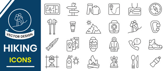 Hiking, icon set. Camping, trekking, Outdoor and adventure line icon, vector set. Camp, tent, forest, campfire, hiking icons. Tourism, hiking, bonfire, tent and caravan icon. Vector illustration.
