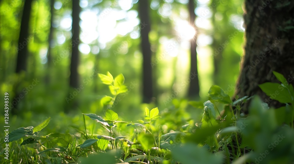 Poster A vivid forest scene showcasing lush greenery with sunlight filtering through tall trees : Generative AI
