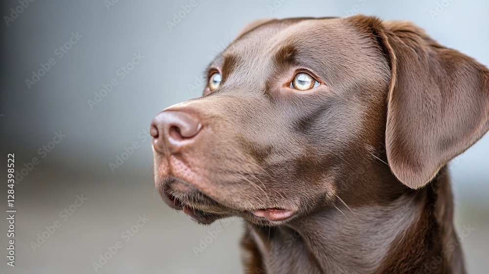 Poster close up of an expressive brown labrador dog looking curiously with bright eyes and a soft coat : ge