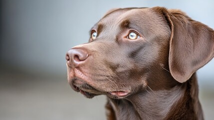 Close up of an expressive brown Labrador dog looking curiously with bright eyes and a soft coat : Generative AI
