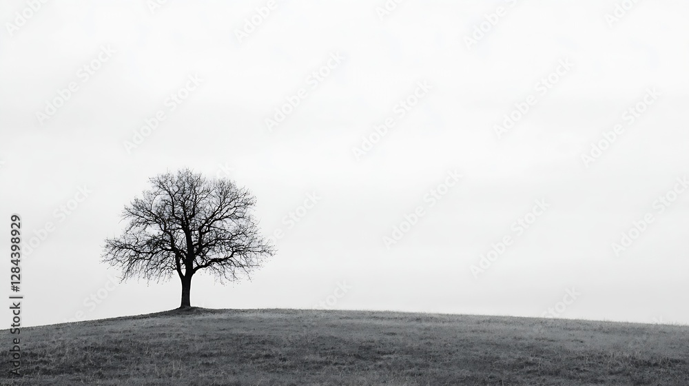 Poster Lonely tree on a hill with a minimalist background in black and white scenery : Generative AI