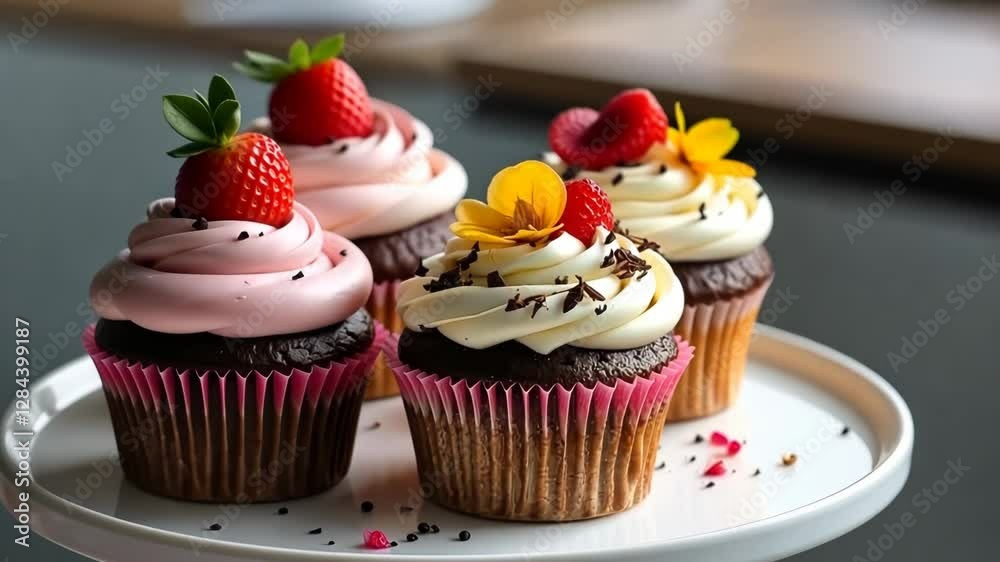 Poster a white cake stand with four cupcakes on it. the cupcakes are decorated with frosting and raspberrie