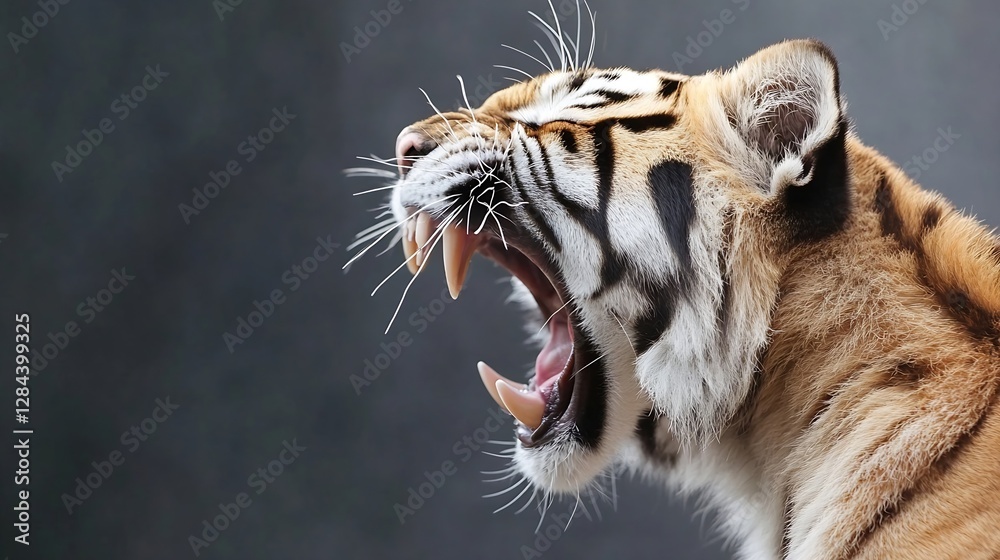Poster ferocious tiger yawning with powerful display of teeth and striking stripes captured up close : gene