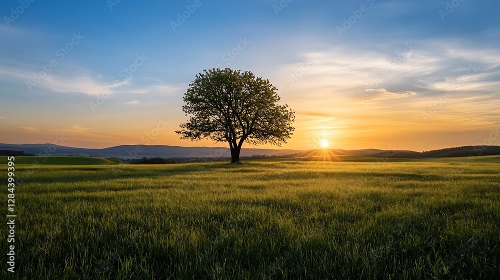 Aufkleber solitary tree standing tall in a vast green field under a colorful sunset sky : generative ai