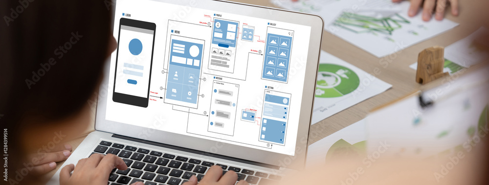 Poster ux ui design process for brisk mobile application and website . creative prototype of wireframe for 