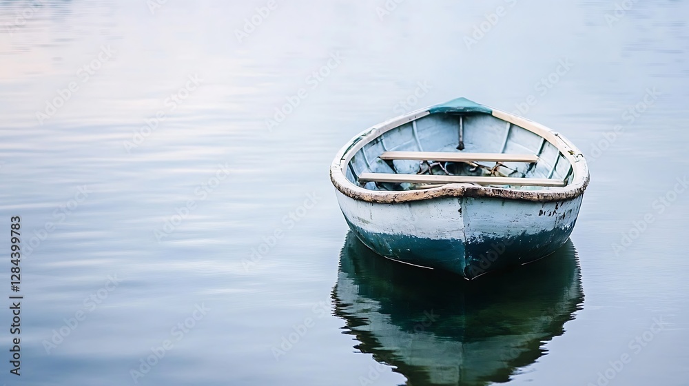 Aufkleber Isolated wooden boat gently floating on mirrorlike water surface creating a calming and peaceful scene : Generative AI