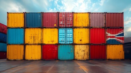 Fototapeta premium Stacked shipping containers with uk flag in cargo port symbolizing international trade