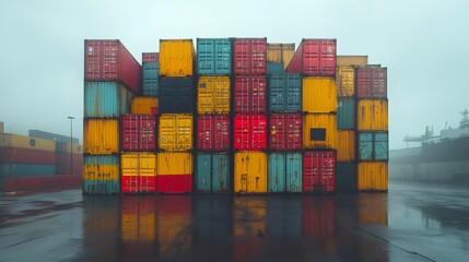 Colorful stacked cargo containers in rainy port terminal
