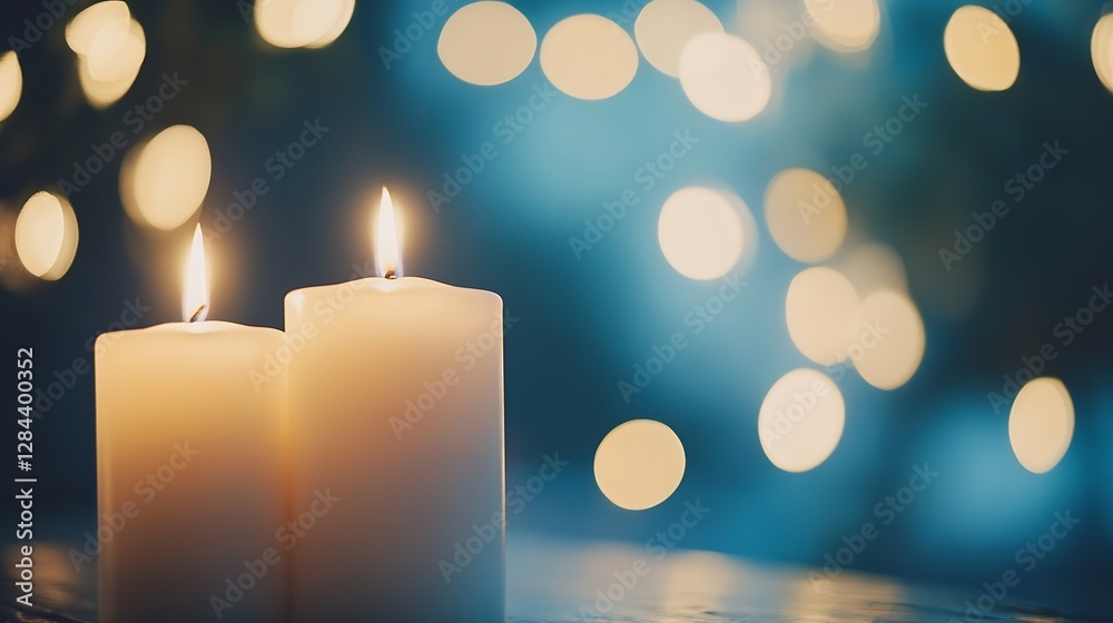 Fototapete two white candles glowing softly in a serene setting with dreamy bokeh lights in the background : ge