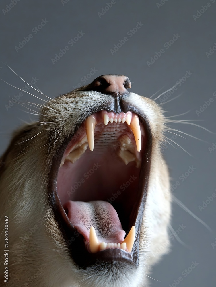 Poster Close up of an openmouthed cat yawning showcasing sharp teeth and expressive features : Generative AI