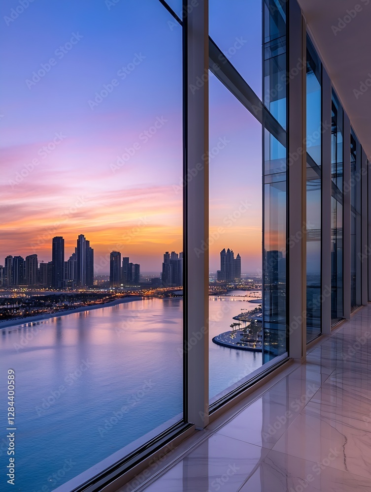 Poster Stunning view from a highrise apartment showcasing modern architecture and sunset over city skyline through large windows : Generative AI
