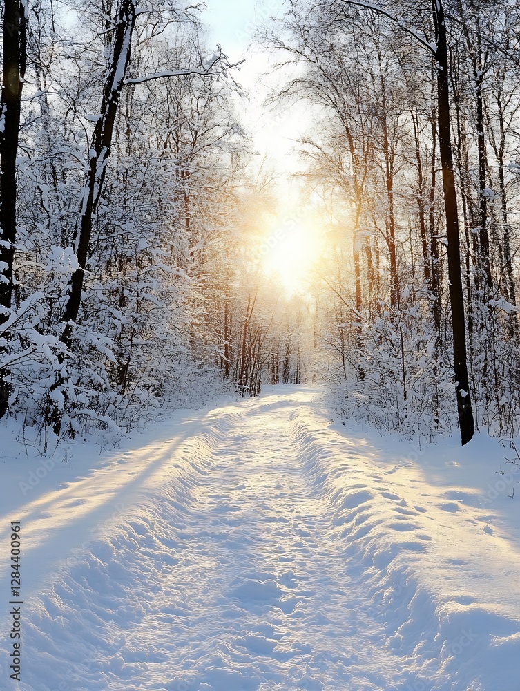 Aufkleber sunlight shining through snowcovered trees creating a serene winter landscape along a snowy path : g