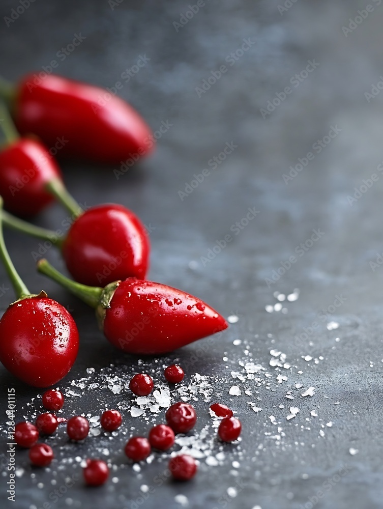 Aufkleber vibrant red chili peppers scattered on a dark surface with droplets reflecting freshness and flavor 