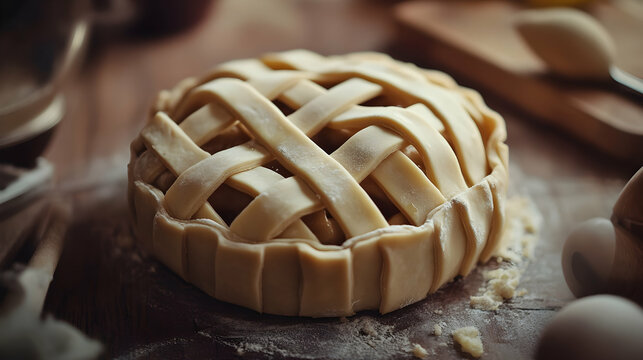 Homemade unbaked apple pie with lattice crust on floured surface