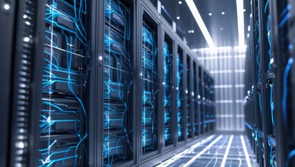 Data Center Servers Hosting Modern Technologies with Blue Cabling System