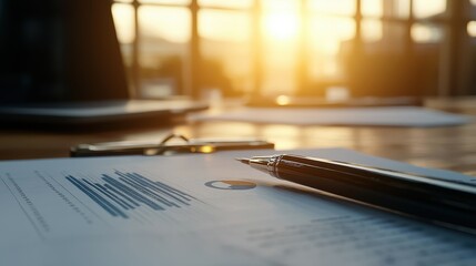 Business Report with Charts and Pen on Wooden Table with Sunrise Light Glowing Through Office Window