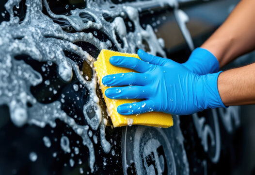 Mano con guantes lavando un auto con una esponja entre espuma y salpicaduras