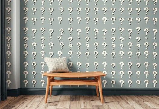 Asiento escandinavo y una pared con un patr&oacute;n repetido de signos de interrogaci&oacute;n como papel tapiz

