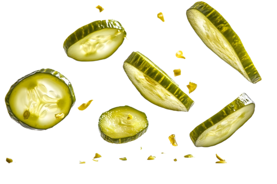 Isolated falling pickled cucumber slices captured on a clean white surface.