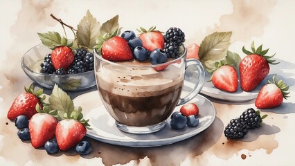 Delicious coffee dessert topped with fresh strawberries and blueberries on a light background
