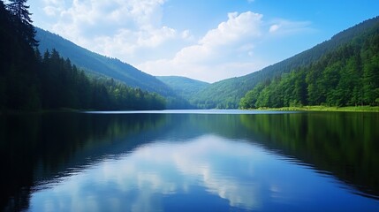 Naklejka premium Lush green forested hills surrounding a peaceful lake under a bright sky with soft clouds : Generative AI