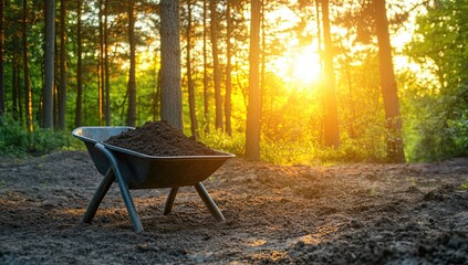 A peaceful scene of a wheelbarrow loaded with soil against a tranquil backdrop of nature as the sun sets, offering open space for a caption