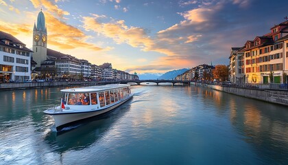 Fototapeta premium Tourist boat on Limmat river and Fraumunster Church in Zurich, Switzerland.