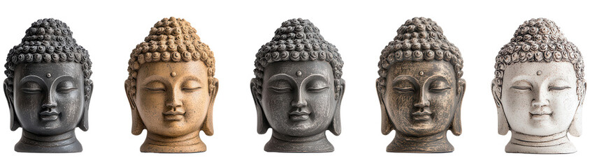Serene Statues: A captivating collection of five serene Buddha head statues,  isolated on transparent or white background, png,  a unique finish, offering a peaceful and contemplative ambiance.