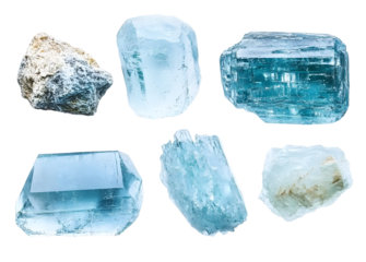 various samples of raw aquamarine mineral isolated
