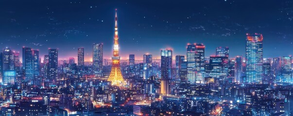 Fototapeta premium Illuminated cityscape at night with tower and skyscrapers in vibrant metropolis skyline